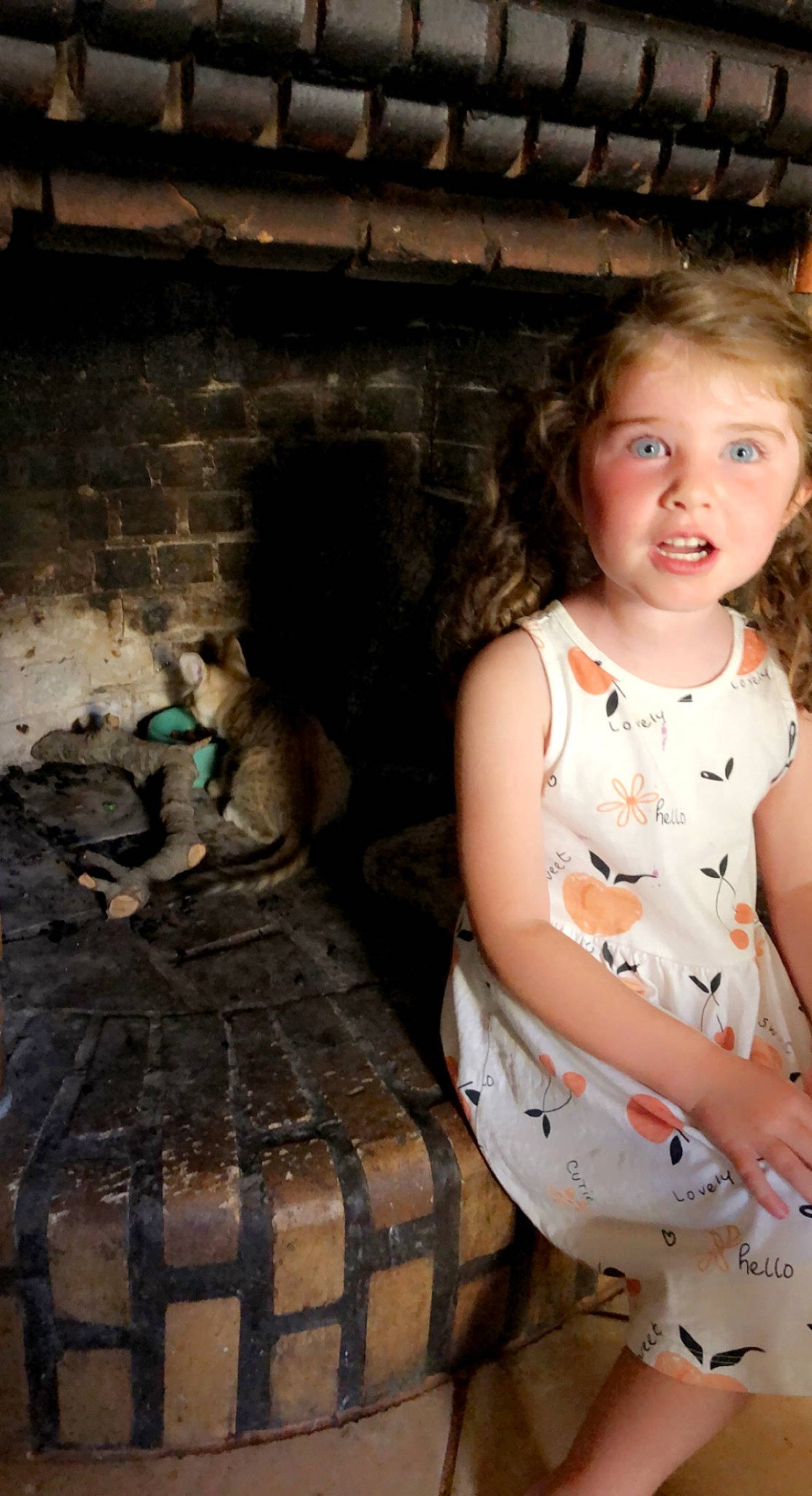 Orléane participe au concours pour gagner de l'argent avec cette photo : baby_toddler_clothing, brick, child, day_dress, dress, eye, face, flash_photography, fun, hair, happy, human_leg, pattern, person, portrait_photography, rock, sitting, smile, toddler, tree