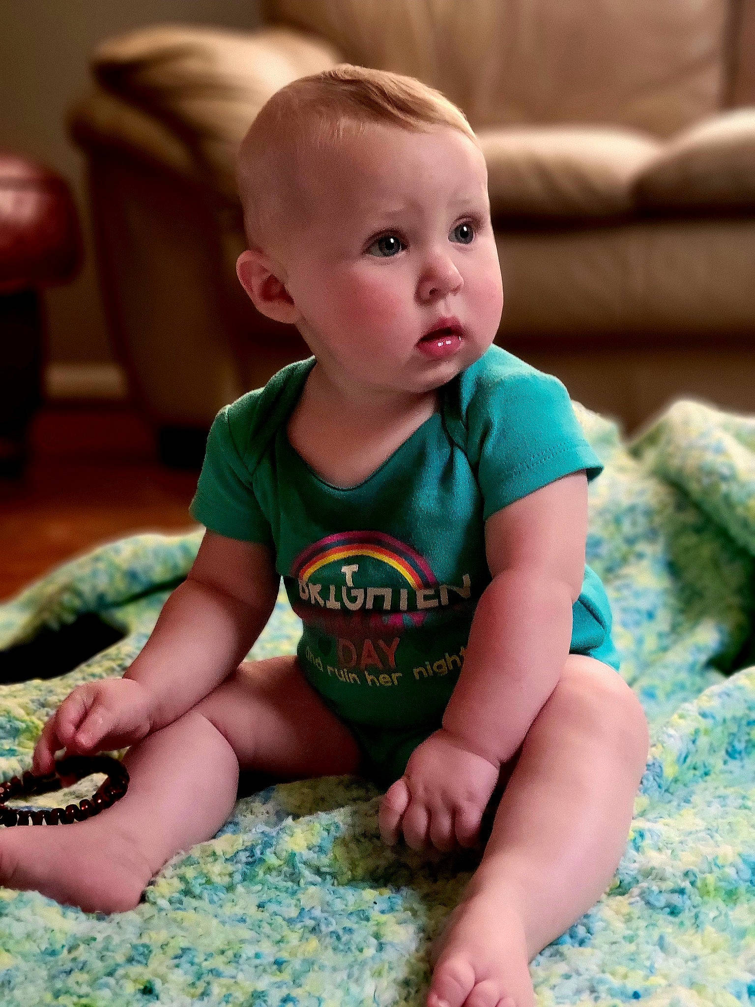 Ava joined the competition — help win amazing prizes! baby, baby_toddler_clothing, barefoot, cheek, child, comfort, finger, flooring, fun, grass, green, happy, human, leg, pattern, person, sitting, skin, sleeve, surprise