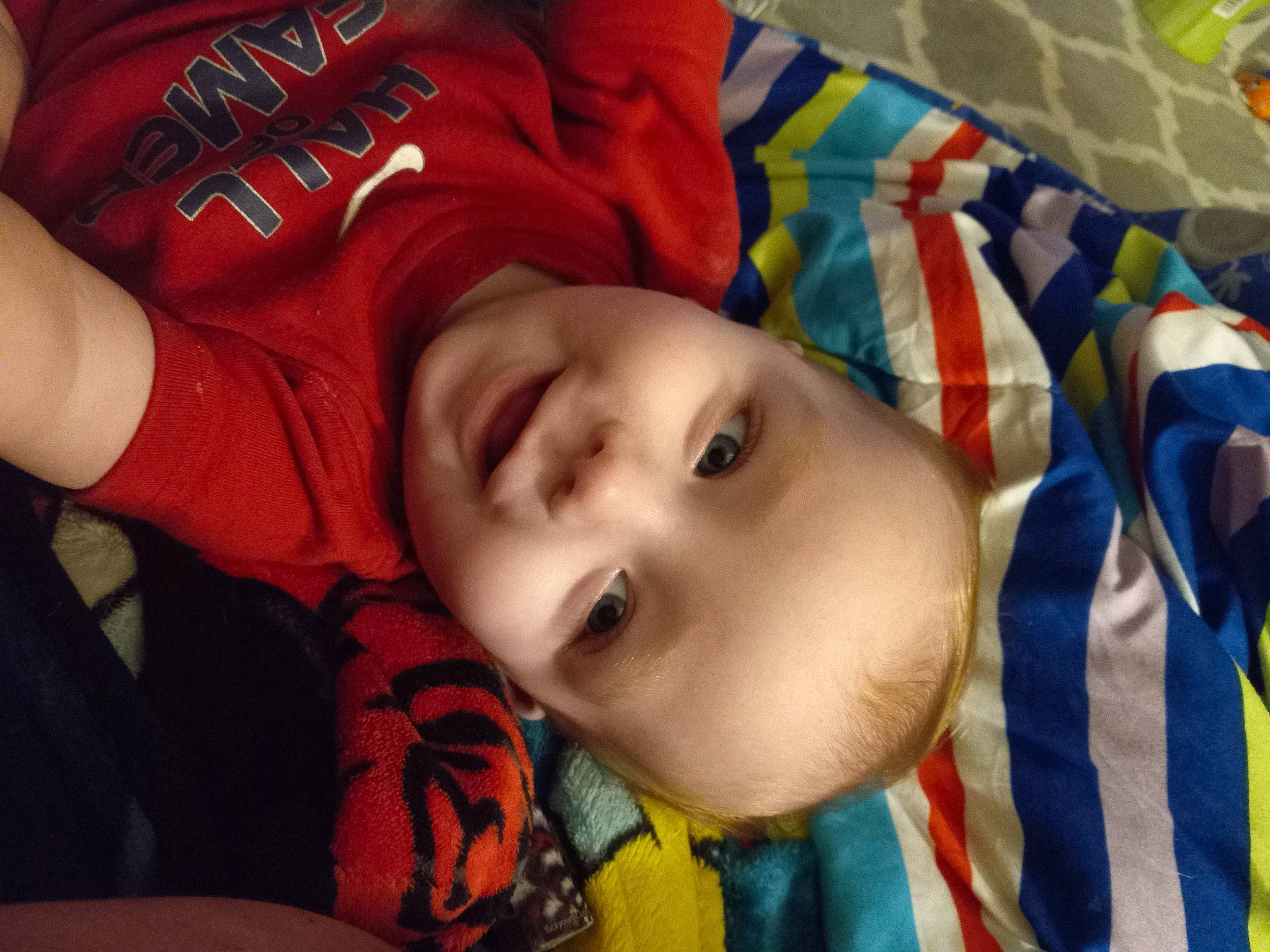 Aj Smith joined the competition — help win amazing prizes! baby, baby_toddler_clothing, cheek, child, chin, comfort, eyebrow, eyelash, fun, happy, human_body, joy, linens, lip, mouth, nose, orange, pattern, person, skin