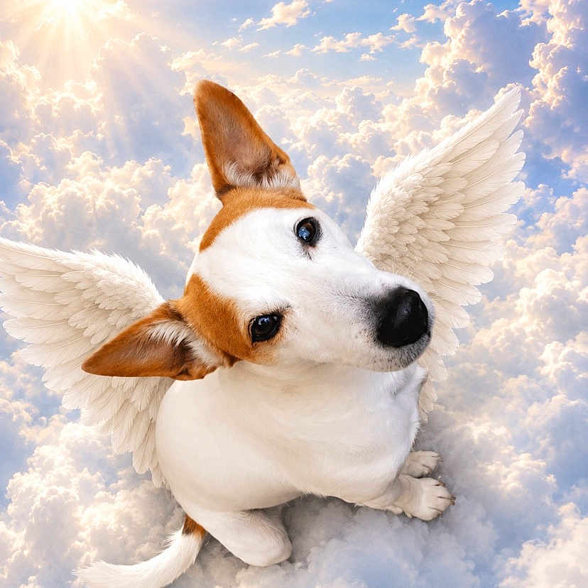 Guizmo a rejoint le concours — aidez-le/la à gagner de superbes lots ! dog, angel_wings, clouds, sunlight, sky, fluffy, white, brown, pet, cute, animal, fantasy, heavenly, whimsical, portrait, looking_up, ears, tail, sitting, outdoor