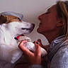 Guizmo participe au concours pour gagner de l'argent avec cette photo : woman, dog, indoor, closeup, affection, hand, paw, casual_clothing, light_skin, brown_hair, pet, friendship, interaction, portrait, love, face, holding, cute, animal, bond