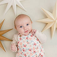 Emmie is registered to the contest to win money with this photo: baby, blue_eyes, child, clothing, cute, decor, expression, face, floral_outfit, happy, head, indoors, infant, light_skin, lying_down, newborn, paper_stars, portrait, small_hands, soft_background