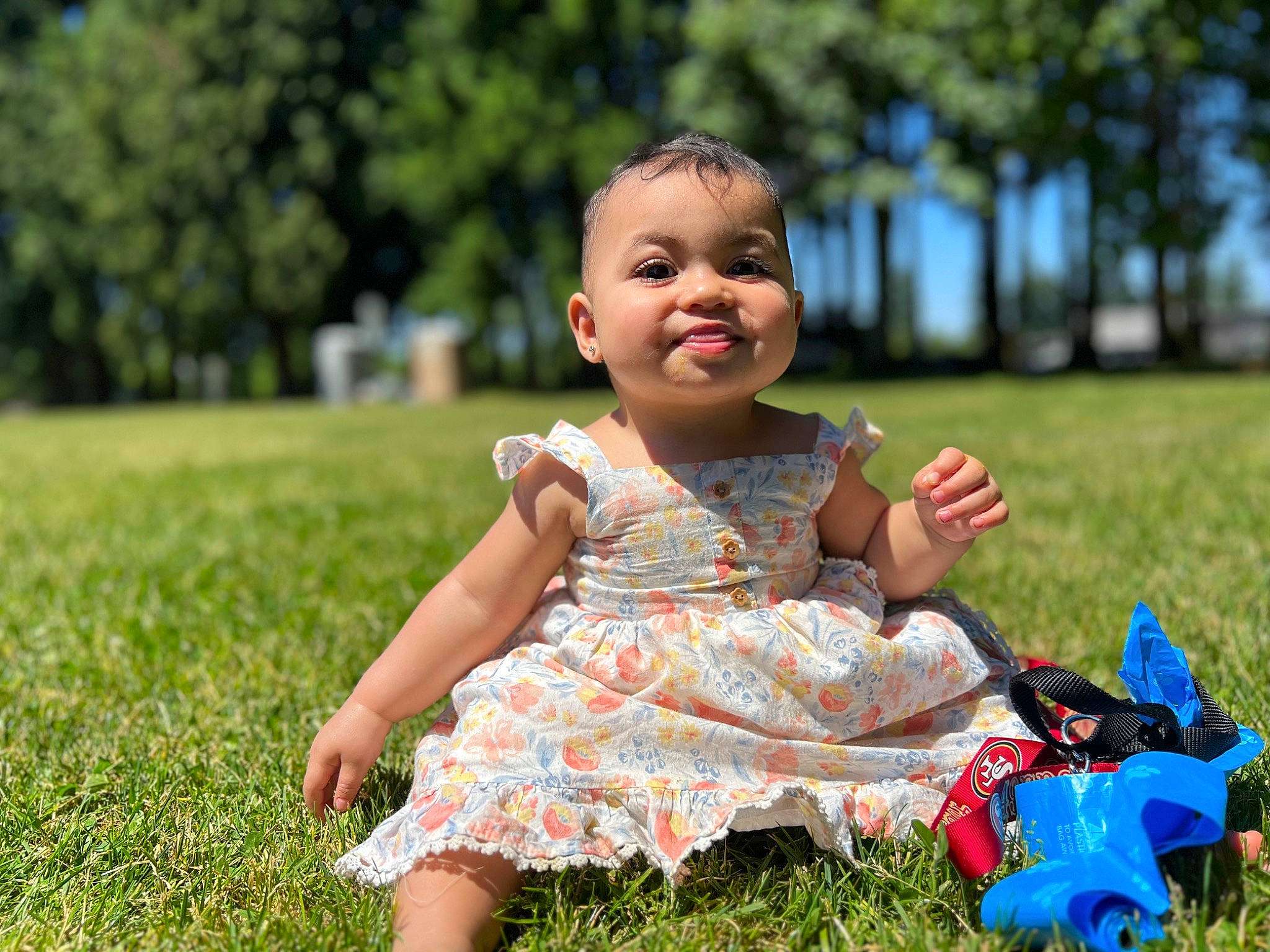 Mahina is registered to the contest to win money with this photo: baby, baby_toddler_clothing, child, dress, fun, grass, grass_family, grassland, happy, lawn, leaf, leisure, meadow, people_in_nature, person, plant, playing_with_kids, smile, summer, toddler
