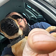 Ares a rejoint le concours — aidez-le/la à gagner de superbes lots ! dog, man, finger, car_interior, glasses, beard, collar, close_up, selfie, window, seat, tattoo, casual_clothing, pet, indoor, face, animal, brown, black, nose