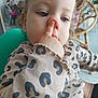 Lucia participe au concours pour gagner de l'argent avec cette photo : toddler, child, face, finger, nose, leopard_print, shirt, indoor, person, blurred_background, furniture, chair, table, blue_eyes, skin, hair, long_sleeve, curly_hair, expression, close_up