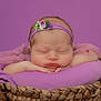 Olivia is registered to the contest to win money with this photo: newborn, baby, sleeping, basket, purple, headband, flower, soft, fabric, peaceful, infant, cute, portrait, closeup, resting, skin, wrapped, decorative, tulle, calm