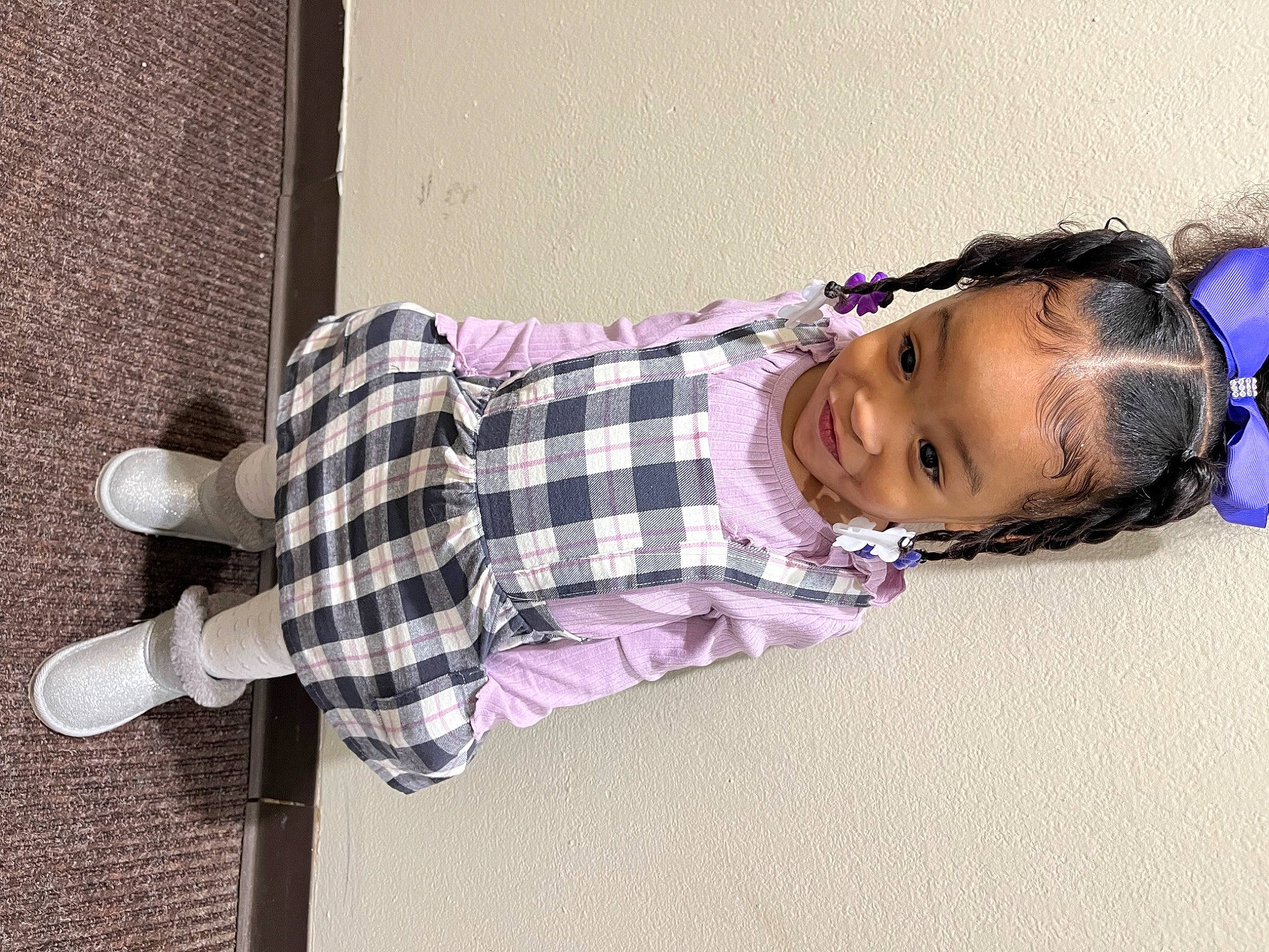 Sarai joined the competition — help win amazing prizes! beauty, child, denim, electric_blue, eyewear, flooring, human_leg, magenta, pattern, person, pink, plaid, purple, room, sitting, sunglasses, tartan, textile, toddler, violet