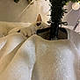 cat, white_cat, christmas_tree, fabric, knitted, holiday, decorations, ornaments, curious, peeking, paws, indoor, closeup, festive, celebration, tree_stand, cozy, home, cute, pet