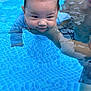 baby, child, water, pool, swimming, person, adult, blue, skin, face, hand, smile, summer, fun, outdoor, closeup, support, splash, wet, recreation