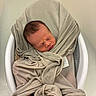 newborn, baby, sleeping, infant, portrait, blanket, swaddled, gray_blanket, baby_seat, high_chair, face, hair, closed_eyes, peaceful, foot, indoor, cozy, soft_lighting, photography, burrito_baby