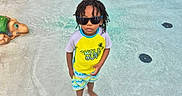Brandon is registered to the contest to win money with this photo: barefoot, child, confident, fun, kid, outdoor, person, playful, pool, rash_guard, recreation, shorts, summer, sunglasses, sunny, swimwear, turtle_sculpture, vacation, water, water_park