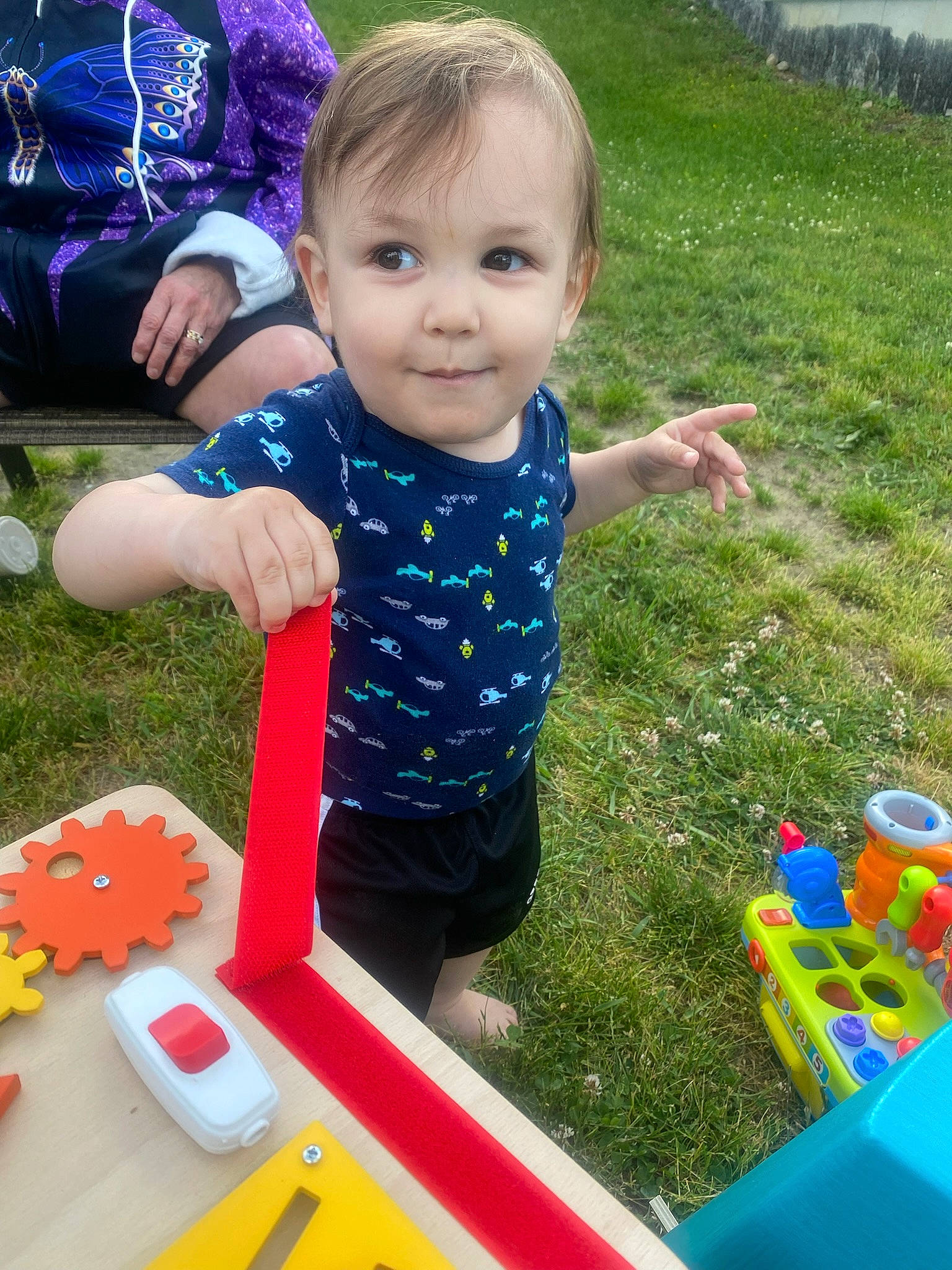 Hunter is registered to the contest to win money with this photo: baby_toddler_clothing, blue, child, electric_blue, fun, grass, green, happy, human_settlement, joy, lawn, leisure, people, person, photograph, product, recreation, smile, summer, toddler