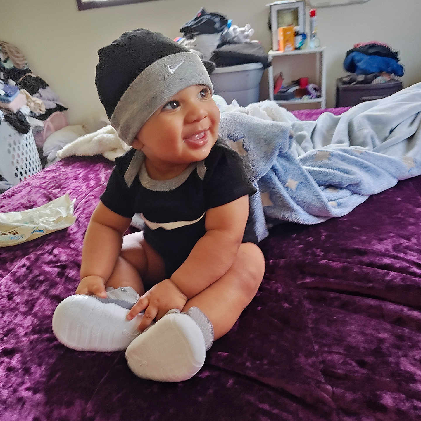 Steven joined the competition — help win amazing prizes! baby, bonnet, cap, clothing, computerhardware, couch, electronics, face, furniture, hardware, hat, head, hosiery, monitor, person, photography, portrait, screen, sitting, sock