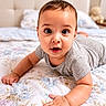 Liam is registered to the contest to win money with this photo: baby, infant, child, bed, bedding, floral_pattern, gray_clothing, cute, portrait, indoor, head, face, hand, skin, eyes, expression, cute_baby, young_child, toddler, curious