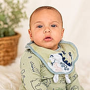Liam joined the competition — help win amazing prizes! baby, bib, blue_eyes, child, closeup, cozy, cute, dinosaur_print, expression, face, green_clothing, indoor, infant, person, plant, portrait, sitting, soft_background, warm_lighting, young_child