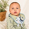 baby, infant, child, face, blue_eyes, green_clothing, dinosaur_print, bib, sitting, indoor, soft_background, plant, cozy, portrait, cute, young_child, expression, warm_lighting, closeup, person