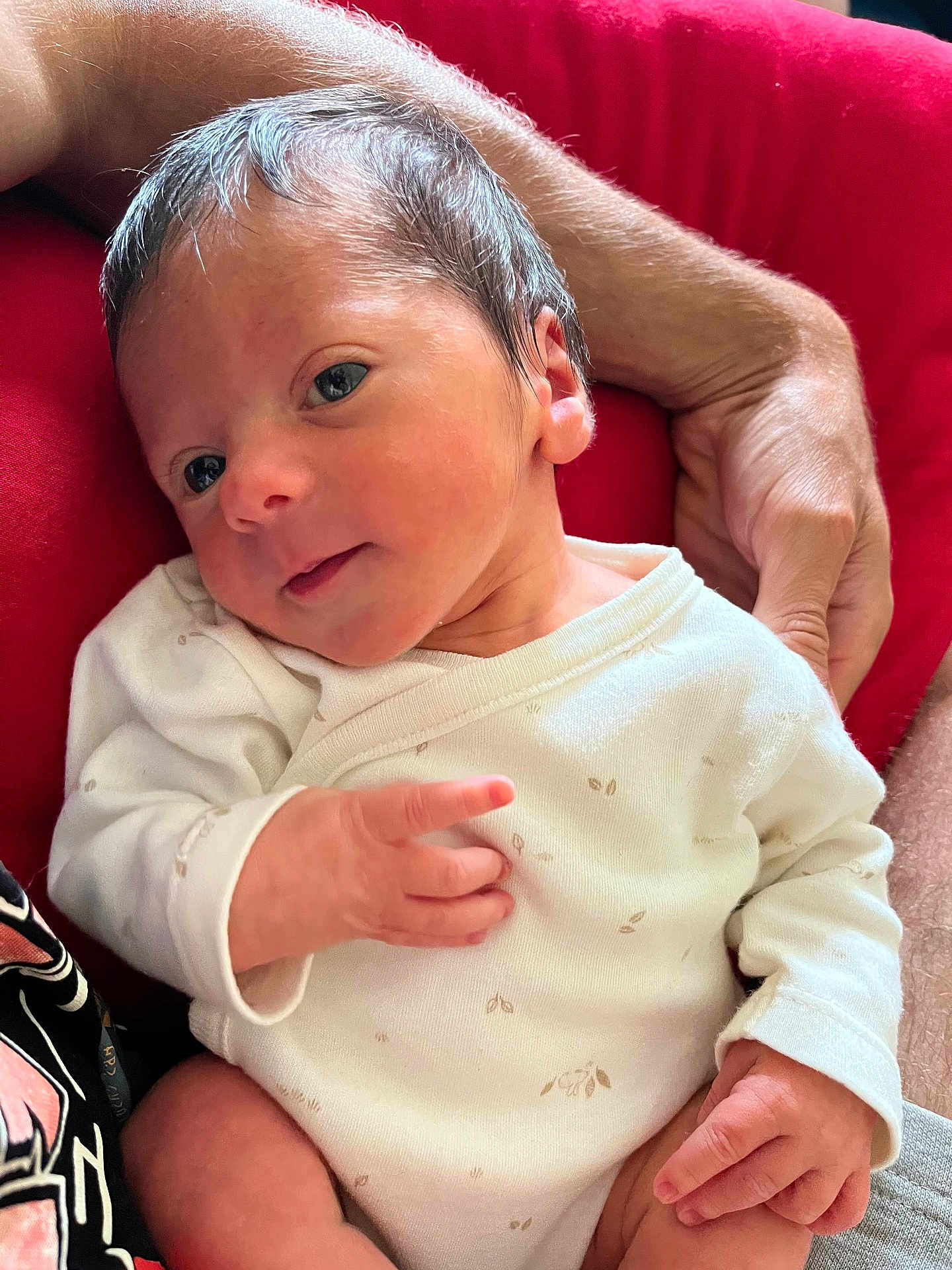 Mathéo participe au concours pour gagner de l'argent avec cette photo : baby, newborn, infant, white_clothing, arm, human_hand, red_background, closeup, skin, face, person, cute, small, newborn_baby, baby_garment, sitting, soft_light, indoor, portrait, human