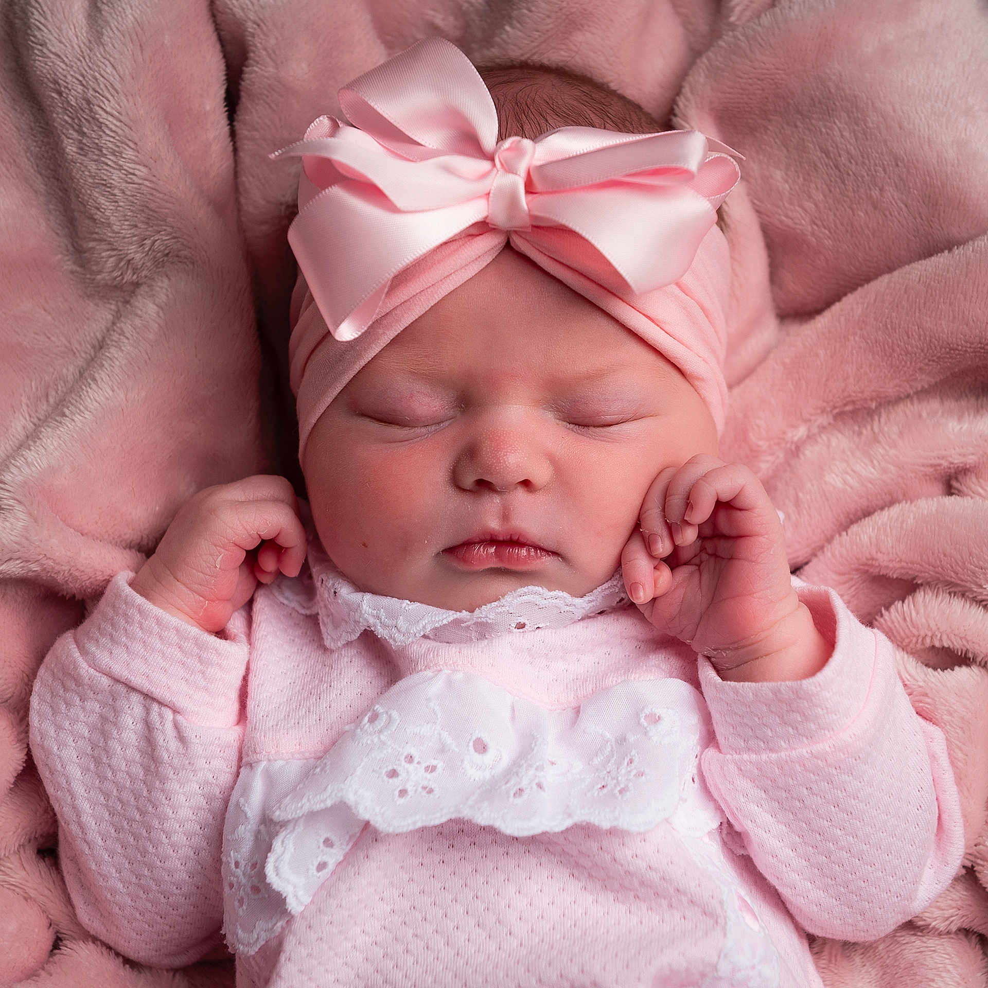 Lila-Jane joined the competition — help win amazing prizes! baby, blanket, bow, child, closeup, clothing, cozy, cute, face, hands, headband, infant, newborn, peaceful, pink, portrait, resting, sleeping, soft, toddler