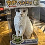 cat, white_cat, gray_cat, funko_pop_box, plastic_box, table, wooden_table, indoor, collectible, toy_box, pokemon, sprigatito, pet, animal, curious, sitting, front_view, close_up, living_room, decor