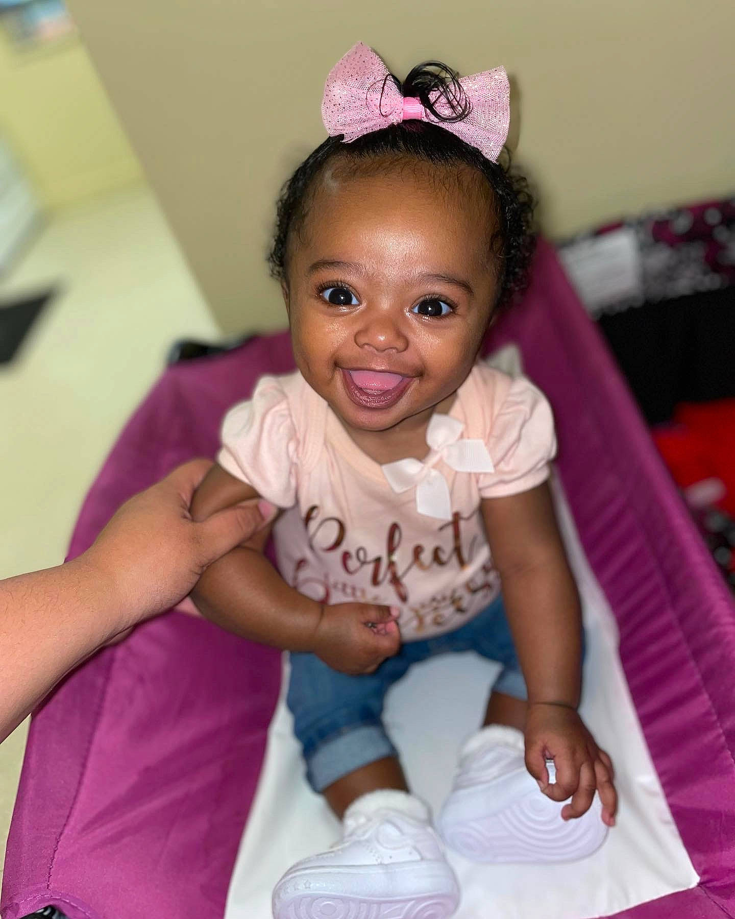 Ariah joined the competition — help win amazing prizes! baby_toddler_clothing, child, event, fashion_accessory, fun, hair_accessory, hairstyle, happy, headband, headpiece, jewellery, joy, leisure, magenta, person, pink, purple, sitting, skin, smile