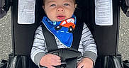 Roman joined the competition — help win amazing prizes! baby, bib, blue, buckled, canopy, car_seat, child, face, harness, infant, looking_at_camera, outdoor, pavement, portrait, red, safe, sitting, socks, striped_clothing, stroller