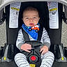 baby, bib, blue, buckled, canopy, car_seat, child, face, harness, infant, looking_at_camera, outdoor, pavement, portrait, red, safe, sitting, socks, striped_clothing, stroller