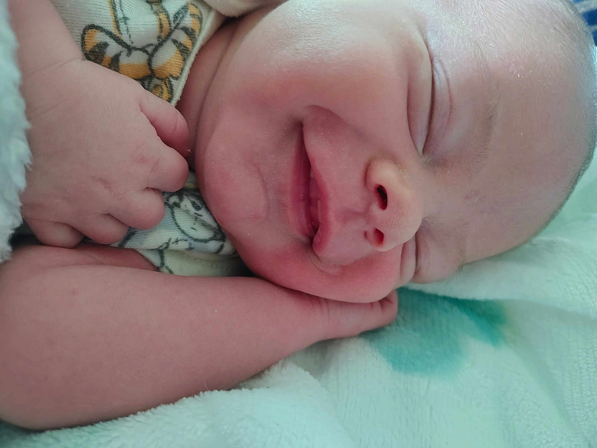 Emmett is registered to the contest to win money with this photo: baby, sleeping, smile, face, hand, blanket, soft, cozy, infant, cute, rest, peaceful, closeup, skin, newborn, comfort, nap, portrait, child, toddler