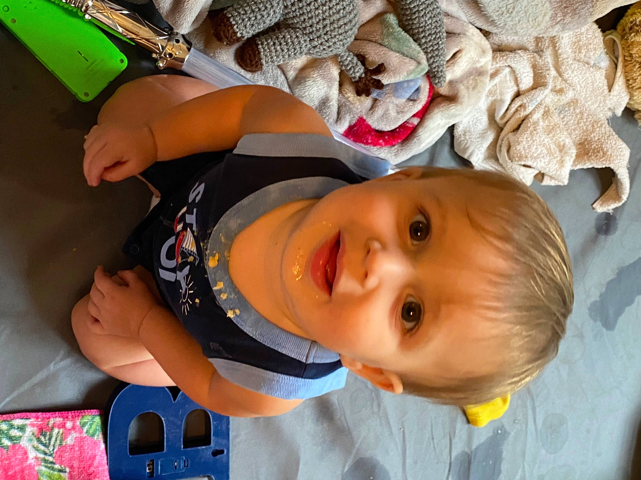 Brentlee is registered to the contest to win money with this photo: baby, baby_toddler_clothing, child, elbow, fun, happy, joy, leisure, mouth, pattern, person, room, smile, toddler, vacation, white