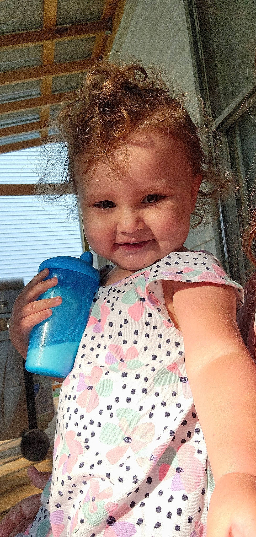 Amelia Rose joined the competition — help win amazing prizes! azure, baby, baby_toddler_clothing, dress, drinkware, fun, happy, head, iris, nose, pattern, person, pink, plastic_bottle, product, skin, sleeve, smile, textile, toddler