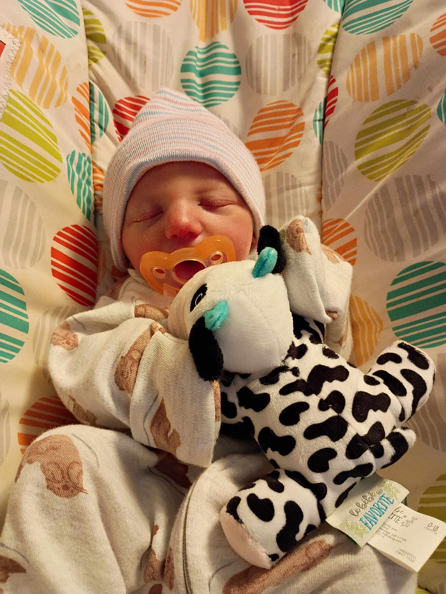 Kaydence is registered to the contest to win money with this photo: newborn, baby, sleeping, pacifier, hat, plush_toy, cow, pajamas, blanket, pattern, colorful, infant, cute, soft, resting, child, clothing, comfort, indoor, portrait
