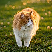 Caramel a rejoint le concours — aidez-le/la à gagner de superbes lots ! cat, ginger_cat, white_cat, fluffy, long_hair, fur, whiskers, green_eyes, outdoor, grass, lawn, garden, sunlight, golden_hour, bokeh, portrait, animal, pet, walking, nature