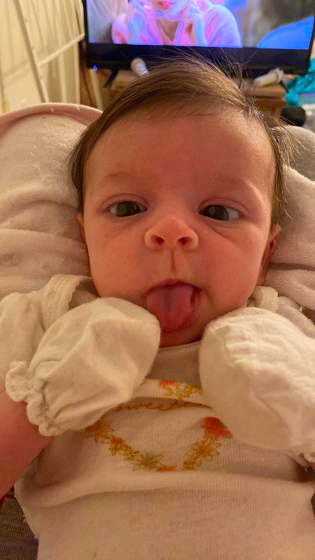 Aria is registered to the contest to win money with this photo: baby, baby_safety, baby_sleeping, baby_toddler_clothing, cheek, child, chin, comfort, eyebrow, eyelash, finger, happy, linens, lip, mouth, nose, person, skin, smile, thumb