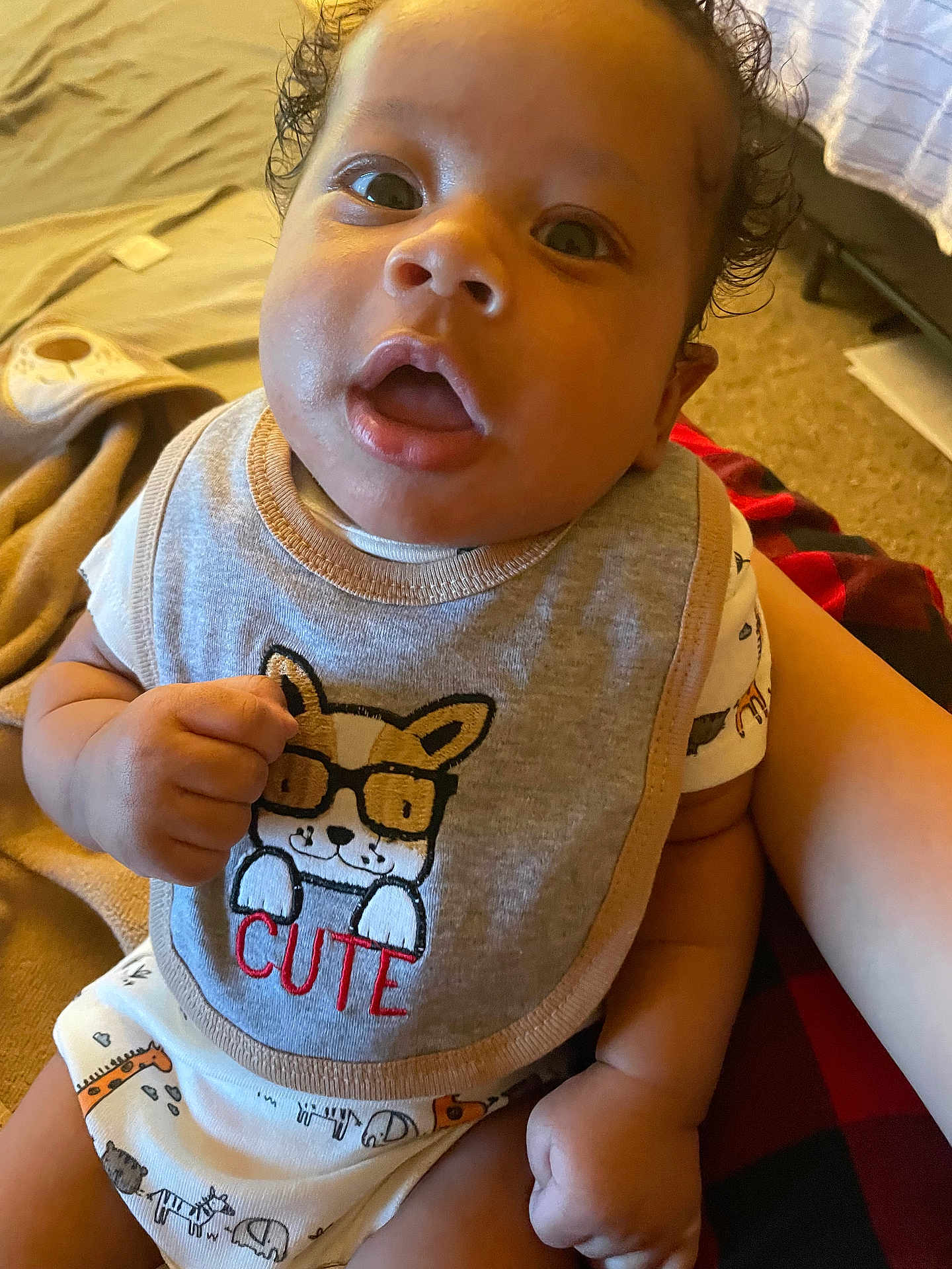 Dandre is registered to the contest to win money with this photo: baby, infant, child, bib, cute, clothing, sitting, indoors, blanket, hand, face, expression, curly_hair, soft_lighting, cozy, person, closeup, apparel, smile, cute_dog_graphic