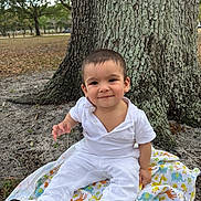 Elizabeth joined the competition — help win amazing prizes! toddler, child, smiling, white_clothing, blanket, animal_print, tree_trunk, park, outdoor, nature, grass, leaves, shoes, happy, baby, person, sitting, cute, daytime, young_child
