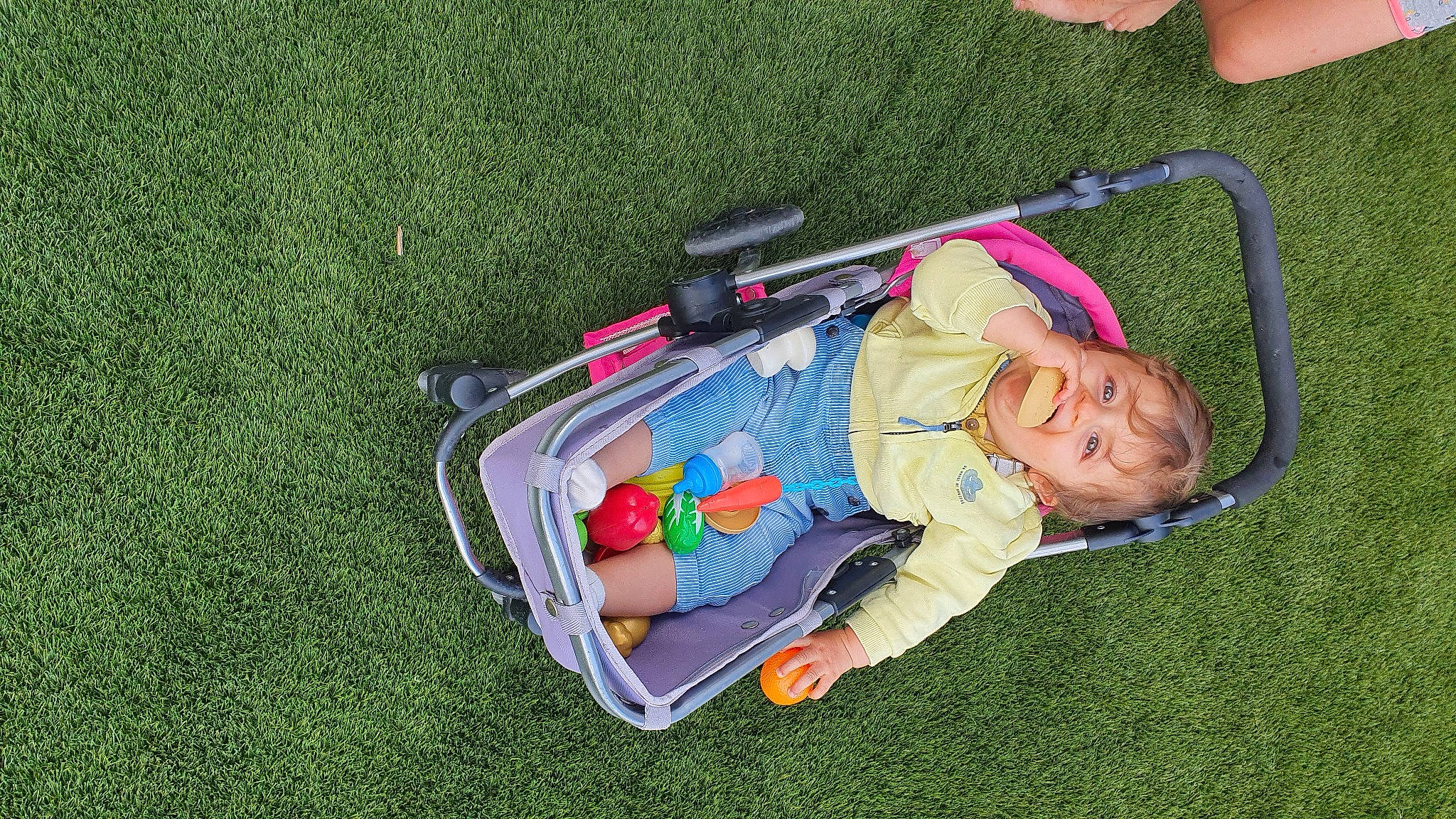 Kenzo participe au concours pour gagner de l'argent avec cette photo : baby, baby_carriage, baby_products, baby_toddler_clothing, child, fun, grass, lawn, leisure, people_in_nature, person, plant, play, recreation, sitting, smile, toddler, toy, yard