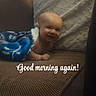 baby, blanket, couch, pillow, smile, face, infant, child, happy, indoor, text_overlay, fabric, cozy, person, portrait, morning, greeting, home, resting, cute