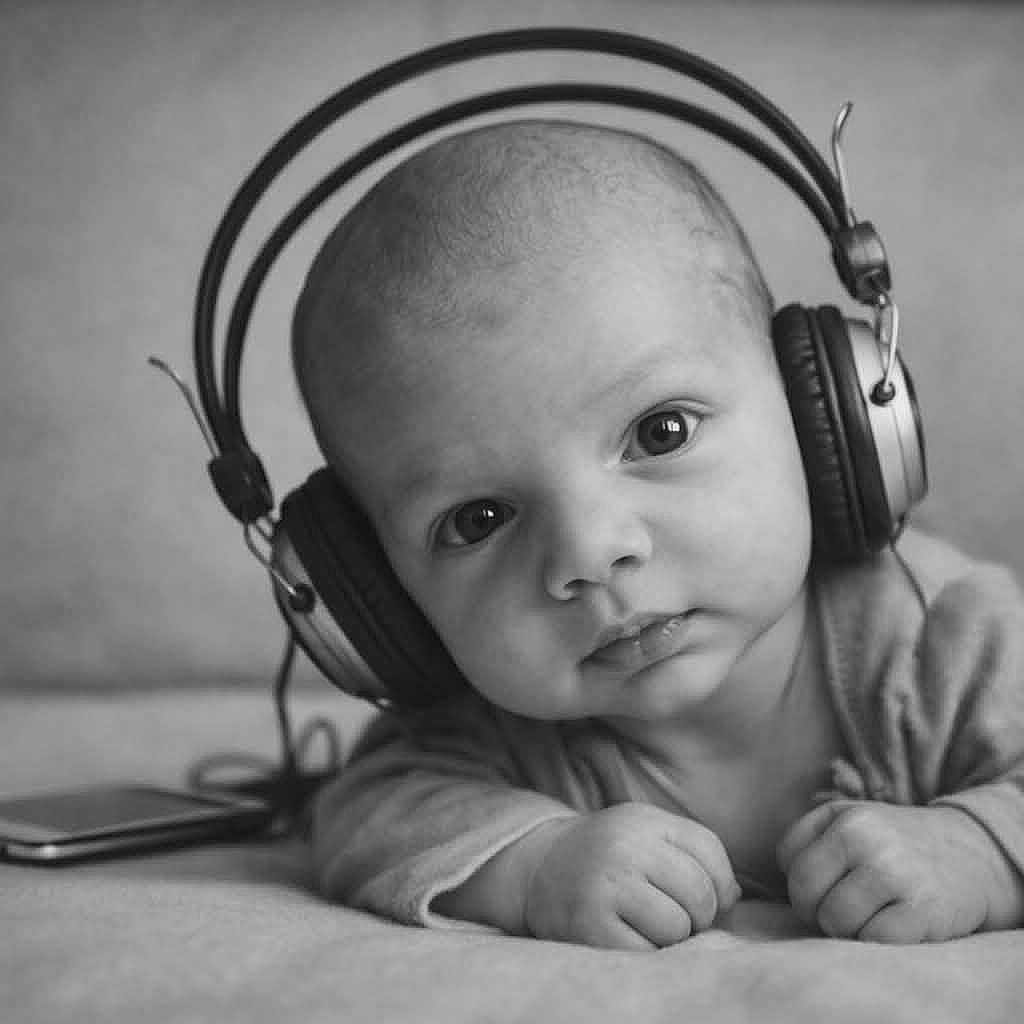 Koah joined the competition — help win amazing prizes! baby, headphones, black_and_white, infant, face, portrait, curious, lying_down, technology, smartphone, soft_surface, close_up, expression, monochrome, small_hands, young_child, indoors, cute, wearing_clothes, looking_at_camera