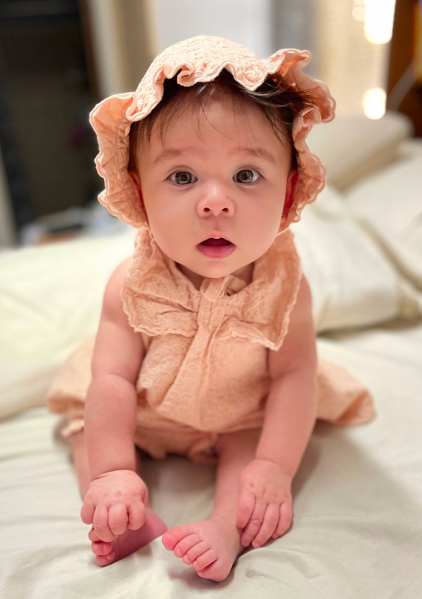 Emmalynn joined the competition — help win amazing prizes! arm, baby, baby_toddler_clothing, cheek, child, dress, eye, finger, flooring, gesture, happy, iris, leg, lip, nose, person, pink, skin, sleeve, surprise
