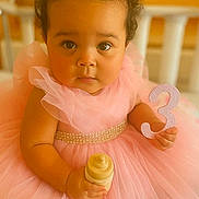 Sophia joined the competition — help win amazing prizes! baby, birthday, bottle, bows, celebration, child, closeup, curly_hair, cute, face, fashion, happy, indoor, number_three, pearl_belt, person, pink_dress, portrait, smiling, toddler