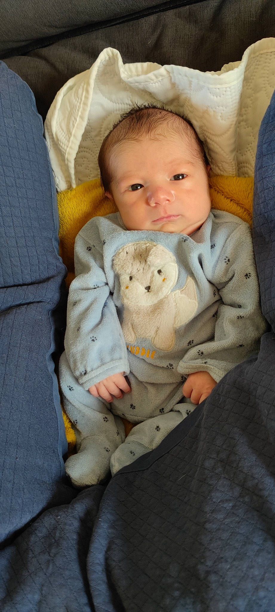 Lévi participe au concours pour gagner de l'argent avec cette photo : baby, baby_products, baby_sleeping, baby_toddler_clothing, cheek, child, comfort, companion_dog, fur, gesture, happy, linens, person, sitting, skin, sleeve, smile, stuffed_toy, toddler, toy