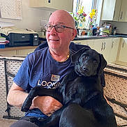Miss Vienna is registered to the contest to win money with this photo: accessories, adult, animal, canine, dog, face, furniture, glasses, head, indoors, jewelry, male, man, necklace, person, pet, photography, portrait, puppy, sitting
