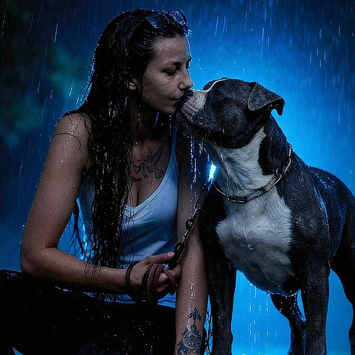 Reich participe au concours pour gagner de l'argent avec cette photo : affection, animal, blue_lighting, bond, casual_clothing, closeup, dark_background, dog, emotion, leash, love, night, outdoor, pet, portrait, rain, tattoo, water_drops, wet_hair, woman