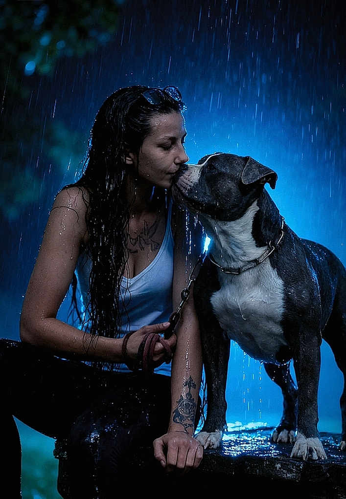Reich participe au concours pour gagner de l'argent avec cette photo : woman, dog, rain, wet_hair, tattoo, blue_lighting, night, outdoor, leash, closeup, affection, pet, animal, portrait, love, water_drops, dark_background, casual_clothing, bond, emotion