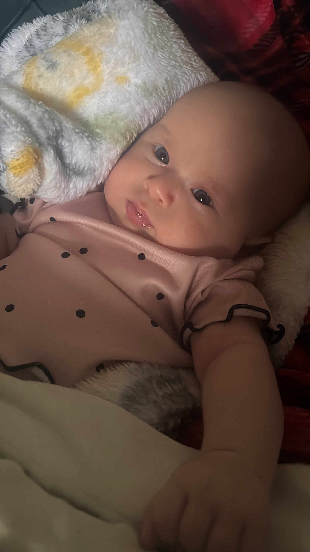 Luz Alaia is registered to the contest to win money with this photo: baby, infant, face, blanket, clothing, pink_outfit, dots, skin, arm, hand, lying_down, cozy, soft_texture, indoors, portrait, closeup, cute, child, newborn, resting