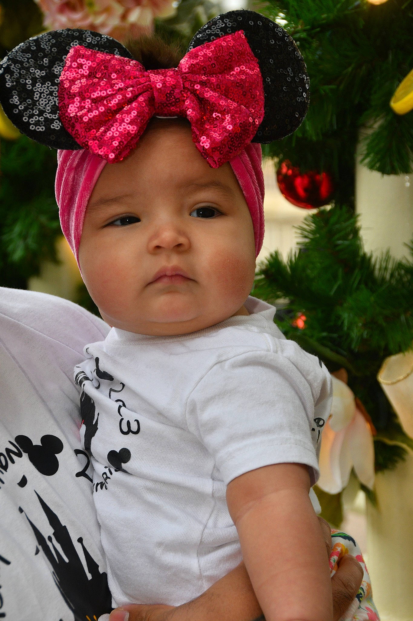 Nora is registered to the contest to win money with this photo: baby_toddler_clothing, botany, cap, chin, christmas_ornament, christmas_tree, costume_hat, eye, grass, happy, head, headwear, holiday_ornament, leaf, lip, outerwear, person, pink, plant, red