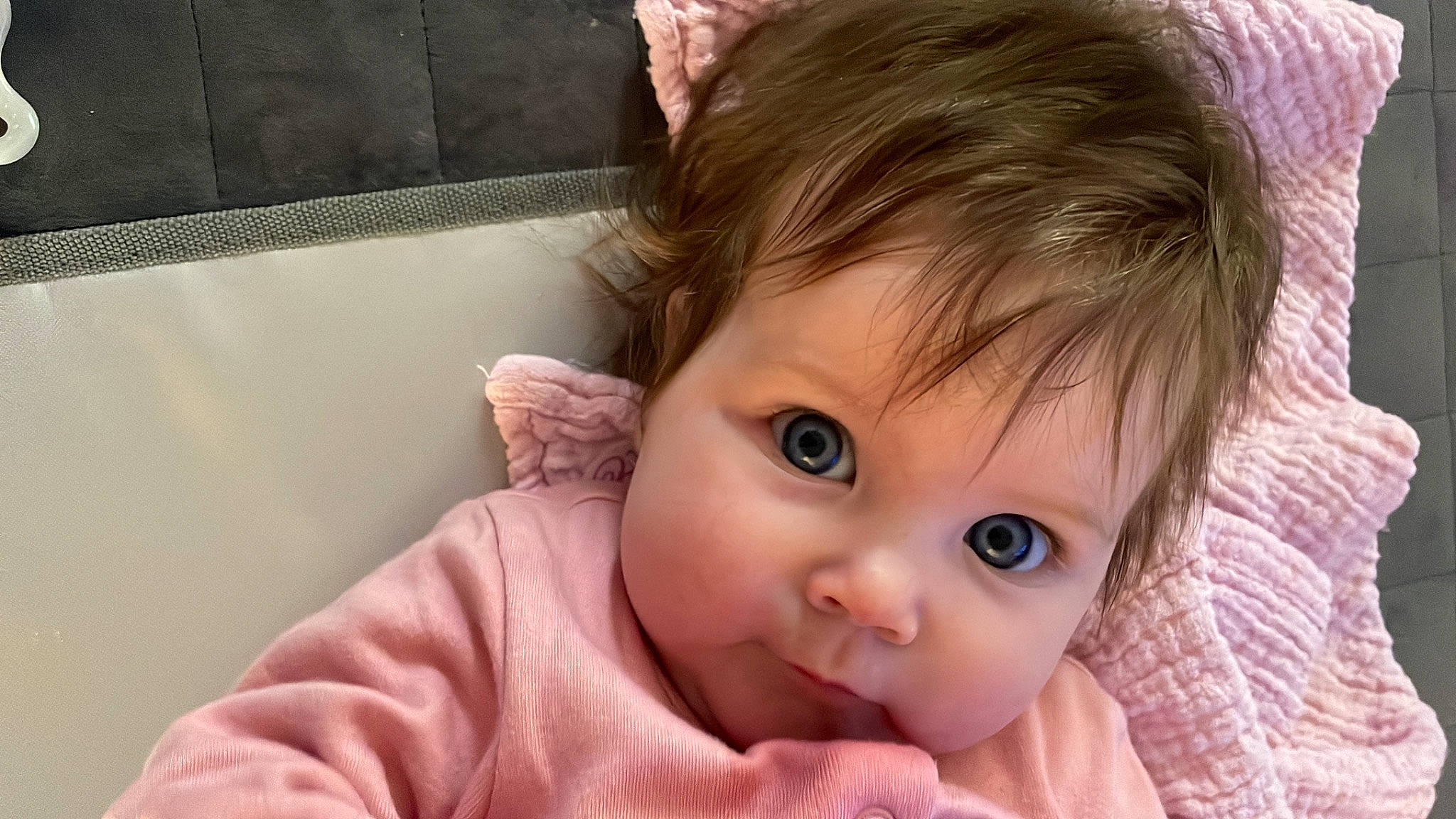 Freya is registered to the contest to win money with this photo: baby, bangs, blond, brown_hair, cheek, child, ear, eye, eyelash, fashion_accessory, gesture, hair, happy, iris, lip, nose, person, pink, skin, smile