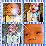 baby, blue_bow_tie, child, close_up, collage, cute, decorative, expression, fabric, face, frame, infant, patterned_background, photo_effect, portrait, sleeping, smiling, soft_lighting, sparkles, striped