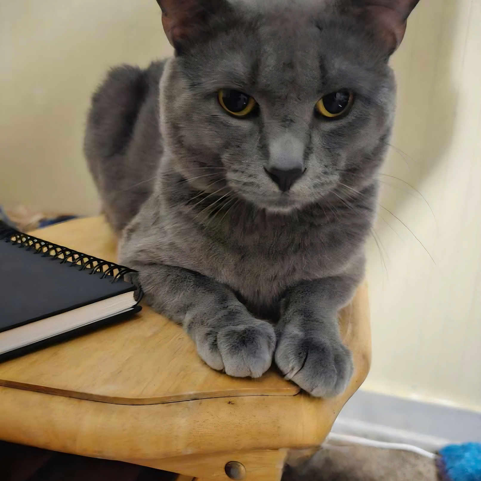 Rafael is registered to the contest to win money with this photo: animal, cat, closeup, domestic_cat, feline, fur, gray_cat, indoor, looking_at_camera, mammal, notebook, paw, pet, relaxed, resting, spiral_notebook, table, whiskers, wooden_table, yellow_eyes