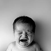 Paisley joined the competition — help win amazing prizes! baby, crying, black_and_white, portrait, infant, emotion, closeup, face, skin, young_child, expression, sad, head, person, monochrome, hair, newborn, tears, upset, background