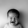 baby, crying, black_and_white, portrait, infant, emotion, closeup, face, skin, young_child, expression, sad, head, person, monochrome, hair, newborn, tears, upset, background